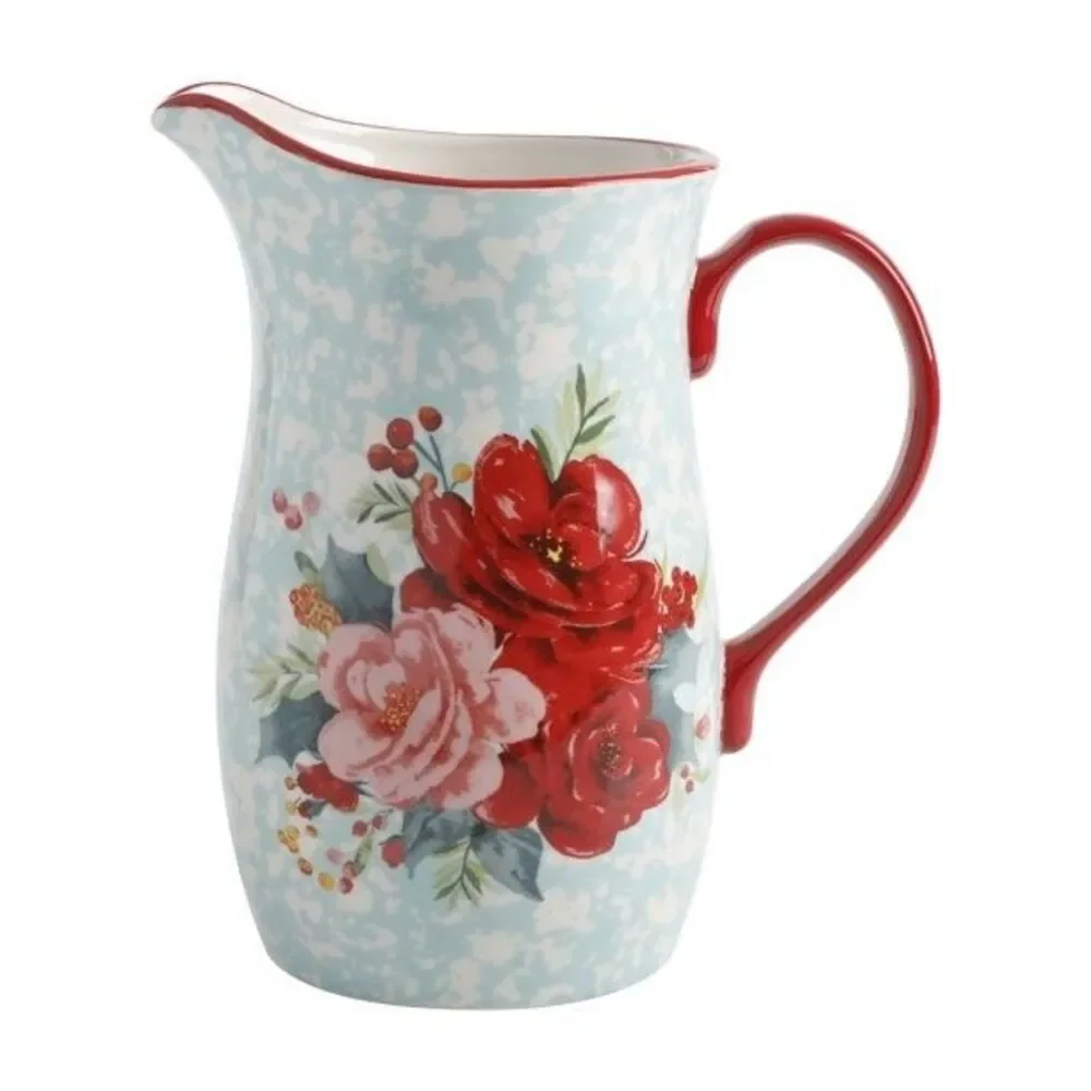 Pioneer Woman Holiday Pitcher Teal Splatter Floral Design 2.54 Quart Ceramic